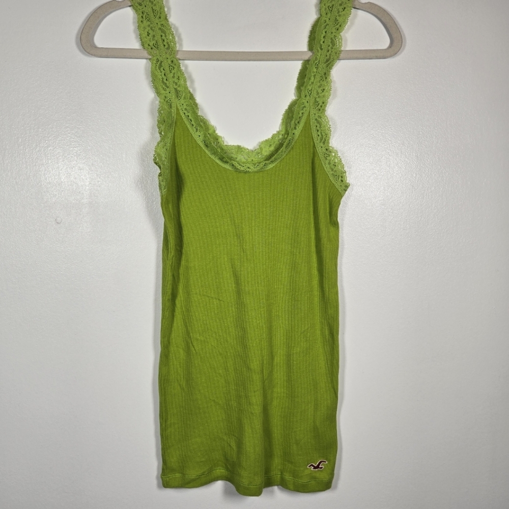 Vintage 90s Y2K Hollister Bright Green Ribbed Lace Trim Cami Tank Top Large